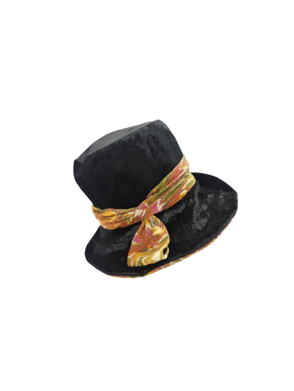 1960's Black Velvet Wide Brim Bucket Hat by Mr. John Jr.